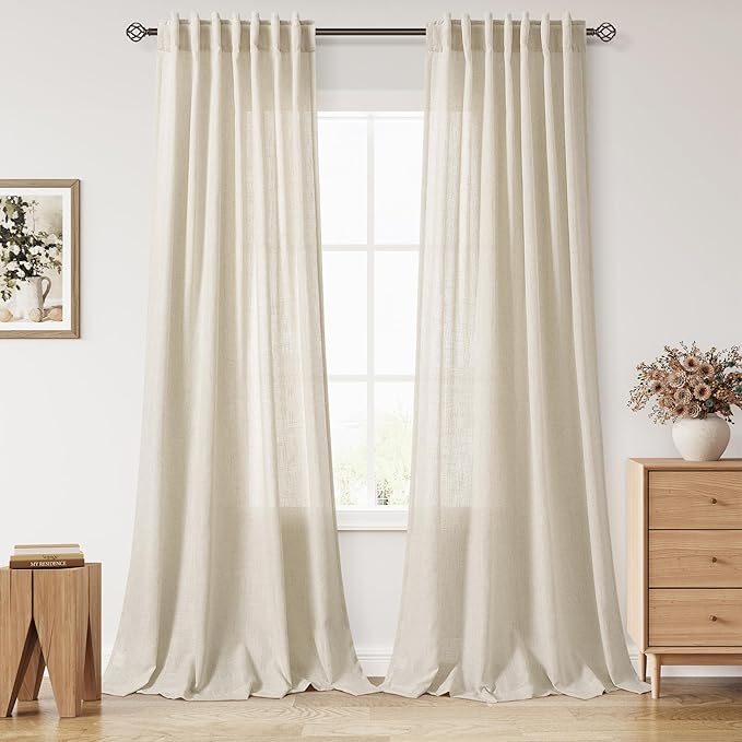 Birch Beige Linen Curtains for Living Room 105 Inches Long Light Filtering Semi Sheer Curtain Back Tab Modern Farmhouse Decor Elegant Luxury Coastal Drapes for Bedroom Dinner Room 52x105, 2 Panels