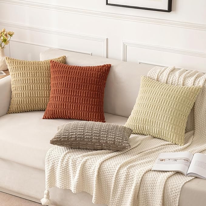 MIULEE Pack of 2 Dark Rust Corduroy Decorative Pillow Covers 16x16 Inch Soft Boho Striped Throw Pillow Covers Modern Farmhouse Home Decor for Summer Sofa Living Room Couch Bed