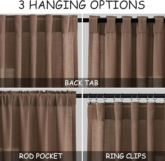 Caramel Brown Linen Curtains for Living Room Extra Long 112 Inches Long Back Tab Light Filtering Semi Sheer Curtain Vintage Rustic Decor Floor to Ceiling High Window for Bedroom 52x112, 2 Panels