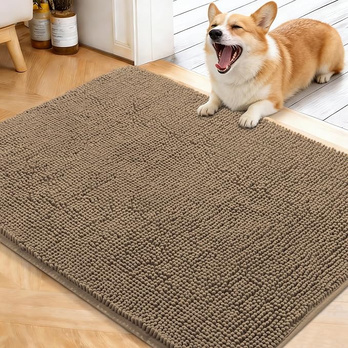 OLANLY Dog Door Mat for Muddy Paws 40x32, Absorbs Moisture and Dirt, Absorbent Non-Slip Washable Doormat, Quick Dry Chenille Mud Mat for Dogs, Entry Indoor Entryway Carpet for Inside Floor, Tan