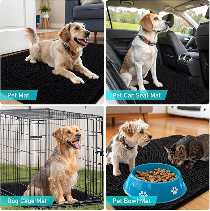 OLANLY Dog Door Mat for Muddy Paws 70x32, Absorbs Moisture and Dirt, Absorbent Non-Slip Washable Doormat, Quick Dry Chenille Mud Mat for Dogs, Entry Indoor Entryway Carpet for Inside Floor, Black