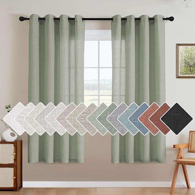 H.VERSAILTEX Living Room Linen Curtains - Semi Sheer, Nickel Grommet, Energy Saving Light Filtering Panels for Bedroom, Sea Grass, 2 Panels, 52 x 72 Inch