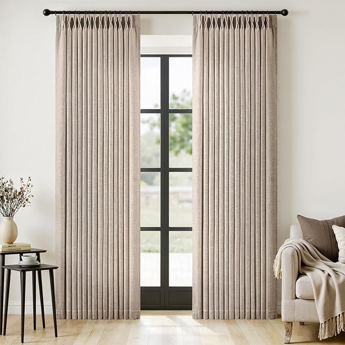 MIULEE Pinch Pleated Thick Linen Curtains 90 Inches Long 2 Panels for Living Room Bedroom, Linen Texture Memory Trained Drapes Pinch Pleat Rustic Farmhouse Window Curtains with Hooks&Rings, Taupe