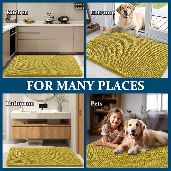OLANLY Dog Door Mat for Muddy Paws 44x24, Absorbs Moisture and Dirt, Absorbent Non-Slip Washable Doormat, Quick Dry Chenille Mud Mat, Entry Indoor Entryway Carpet for Inside Floor, Mustard Yellow