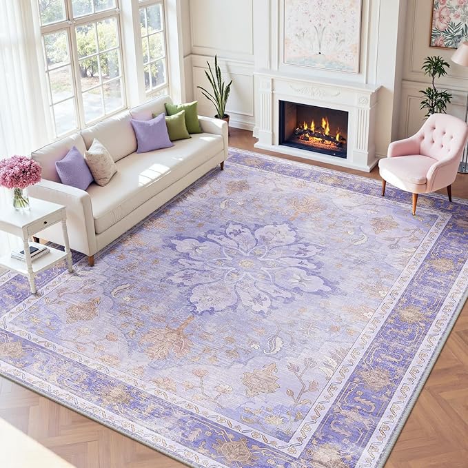 RELEANY Area Rugs 9'x12' Washable Non-Slip, Floral Vintage Distress Print Pattern Medallion Carpet for Living Room Bedroom Dining Room, Light Purple Brown
