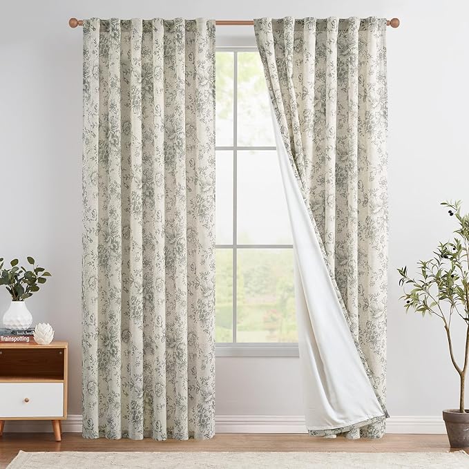 jinchan Lined Linen Blend Curtain Floral Curtains for Living Room 90 Inches Long Grey Peony Flower Printed Curtain Back Tab Farmhouse Patterned Drapes Bedroom Window Curtains Set 2 Panels
