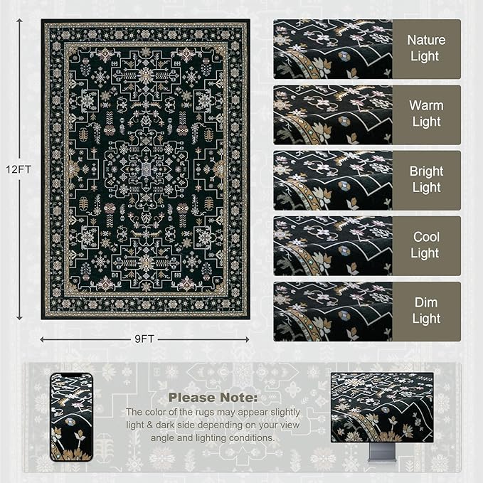 Area Rugs 9x12 Living Room Rug: Washable Rug Soft Vintage Boho Medallion Carpet Indoor Floor Non-Slip Stain Resistant Large Carpets for Bedroom Dining Room Farmhouse Nursery Home Office Black