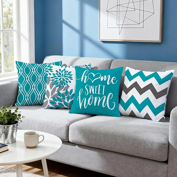 Hexagram Geometric Teal Pillow Covers 16x16 Set of 4, Decorative Outdoor Boho Modern Throw Pillow Covers, Home Sweet Home Farmhouse Cushion Case for Couch Sofa Bedroom Indoor Decor(No Insert)