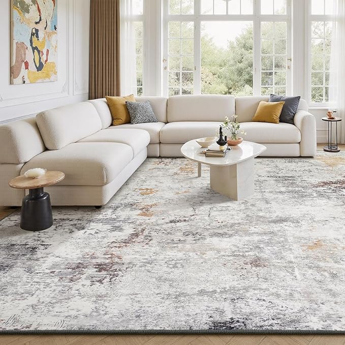 Rugflix 5x7 Area Rugs for Living Room, Washable Large Rug Stain-Resistant Low Pile, Modern Neutral Carpet for Dining Room Home Office Kid Room Nursery Bedroom, Grey Brown