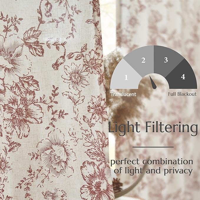 jinchan Linen Blend Curtain Floral Curtains for Living Room 84 Inch Length Farmhouse Brick Red Printed Curtain Rod Pocket Back Tab Peony Flower Patterned Drapes Curtains Set 2 Panels