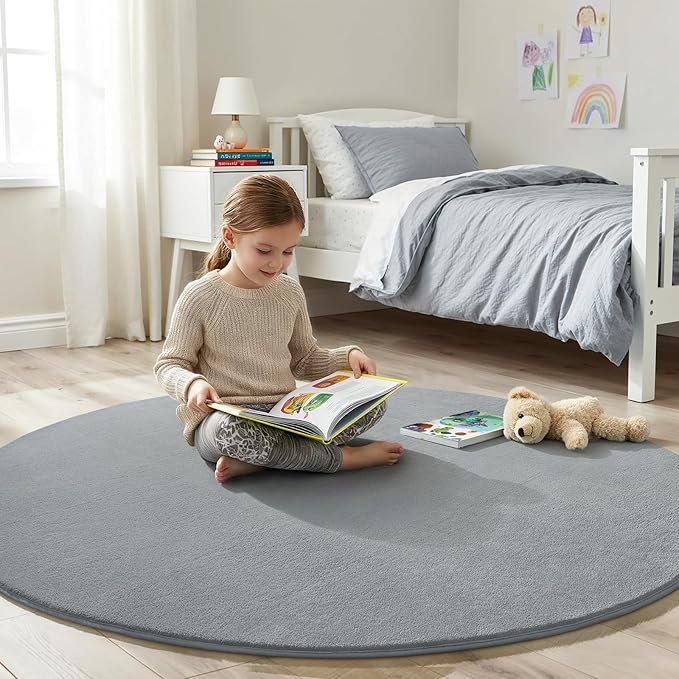 Amearea Grey Round Area Rugs 5ft Washable Circle Rugs for Bedroom Living Room, Fluffy Indoor Thickened Memory Foam Rug, Non Slip Minimalist Circular Carpet for Kids Boys Girls Dorm Nursery Room Decor