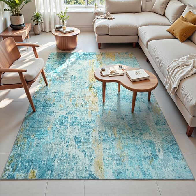 Area Rug 4x6 Teal Blue Rug Washable Boho Rugs Non Slip Low Pile Abstract Small Carpet for Entryway, Bedroom, Kitchen, Classroom, Kids Room, Office, Dorm, Dining Room