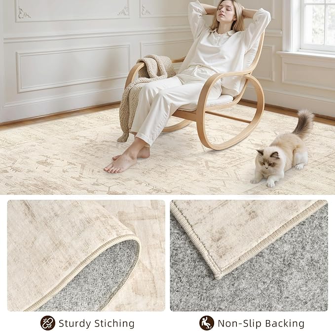 Area Rugs 9x12 Living Room: Vintage Boho Neutral Washable Rug Indoor Soft Large Area Rug Carpet for Bedroom Nursery Farmhouse Dining Room Office Floor Non-Slip Low Pile Under Table Rug Beige/Brown