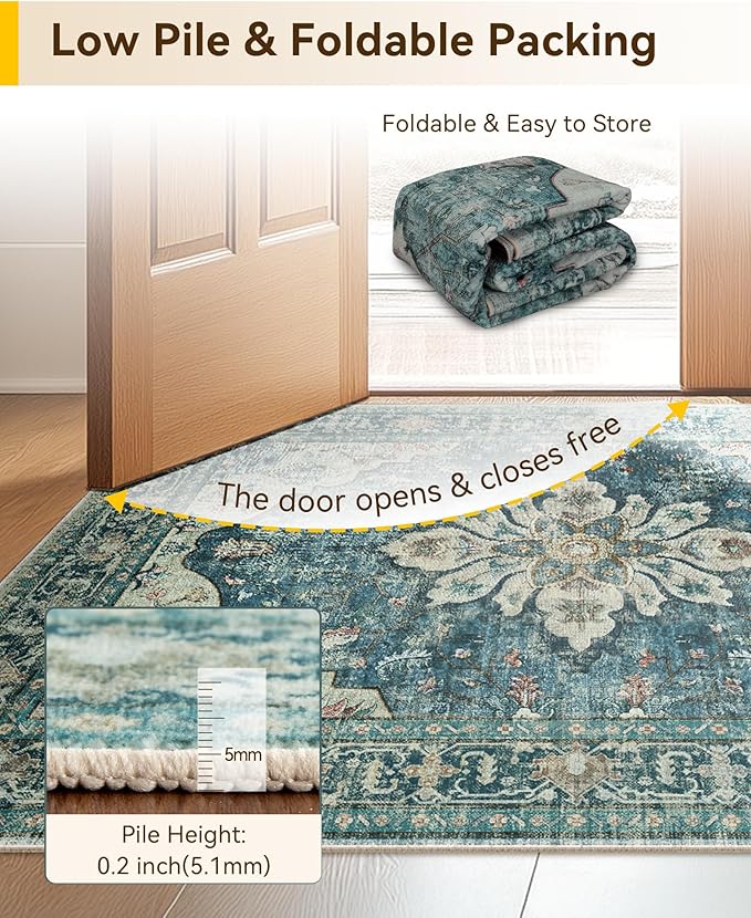 Area Rugs 2'x10' Runner Rug Non Slip Washable for Kitchen Hallway Bedroom Beside Laundry Room Bathroom Rug, Floor Carpet, Dark Blue Vintage