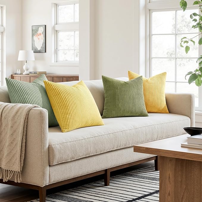 MIULEE Boho Farmhouse Yellow Green Throw Pillow Covers 18x18 Inch Set of 4 Mordern Nordic Cushion Covers Soft Corduroy Spring Home Decor for Couch Bed Sofa Living Room