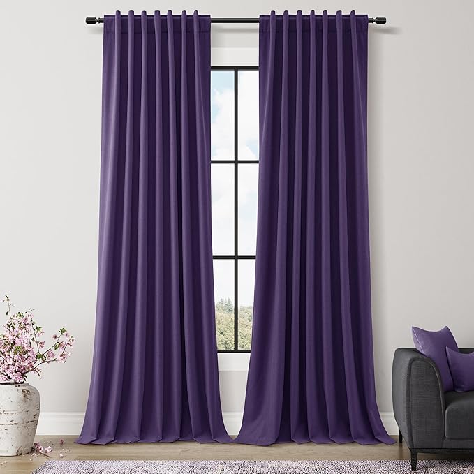 Guken 100% Blackout Curtains 108 Inch Length 2 Panels Set for Living Room Bedroom Back Tab Thermal Insulated Black Out Linen Drapes Room Darkening New Purple,52x108
