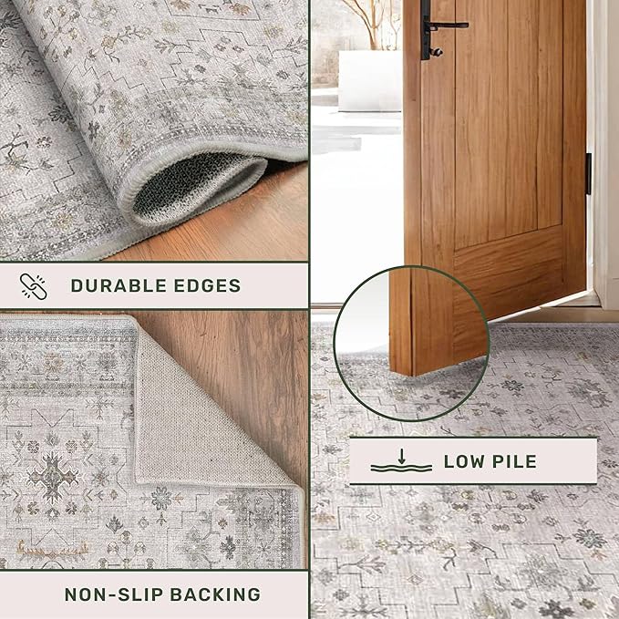 Light Grey Boho Bathroom Rug 2x4 - Modern Vintage Eclectic Floral Pastel Neutral Taupe, Washable Low Pile Non-Slip Small Throw Area Rugs for Entryway Door Mat Indoor Entrance, Kitchen