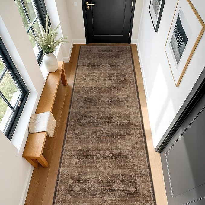 Hazo Haus Brown Neutral Boho Washable 3x12 Extra Long Hallway Runner Rug, Waterproof Large Kitchen Floor Rug Indoor, Non-Slip Stain & Fade Resistant, Vintage Dark Earthy Taupe Decor