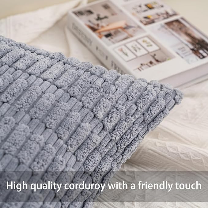 Pack of 2 Corduroy Decorative Throw Pillow Covers 24x24 InchSoft Striped Pillow Covers Modern Farmhouse Home Decor for Sofa Living Room Couch Bed（Light Grey）