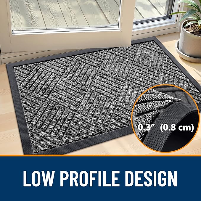 OLANLY Front Door Mat Outside Entrance 59x23, Absorbent, Heavy Duty Sturdy Natural Rubber Doormat Indoor Outdoor, Stain and Fade Resistant, Non-Slip Low Profile Floor Mat for Entryway, Grey Diamond