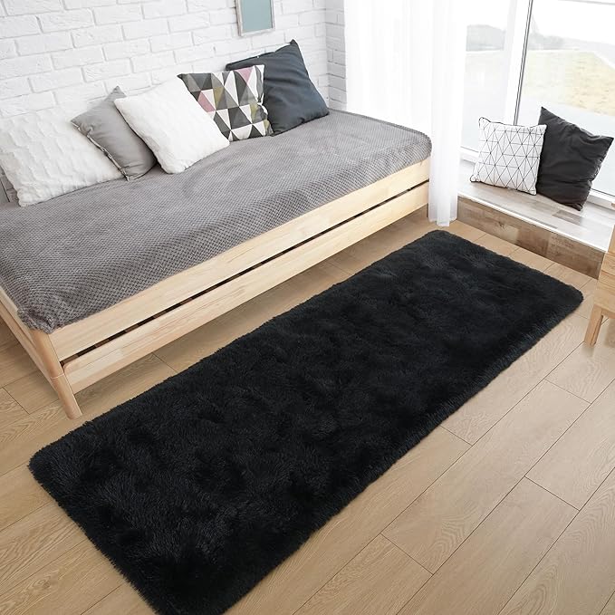 Tepook Soft Runner Rugs for Bedroom 2x6 ft with Rubber Backing, Black Fluffy Rugs for Living Room, Shag Bedside Rug Fuzzy Plush Carpet for Room, Area Rug for Dorm Nursery Hallway Indoor Home Decor