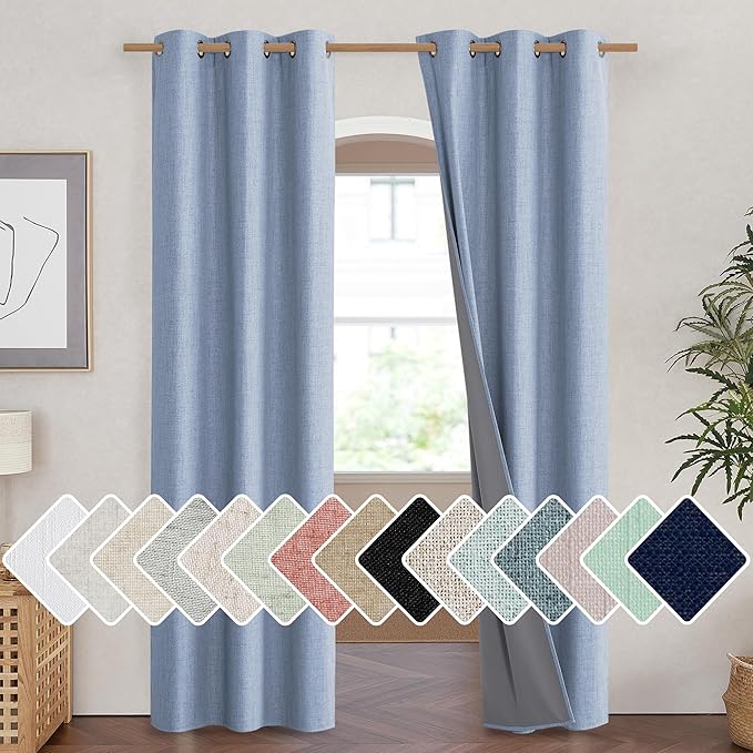 NICETOWN Stone Blue Vintage Linen 100% Blackout Curtains for Living Room, Thermal Insulated Curtains 84" Long, Noise Reducing Window Treatment Drapes for Hall Room, 42" Wide Per Panel, Set of 2