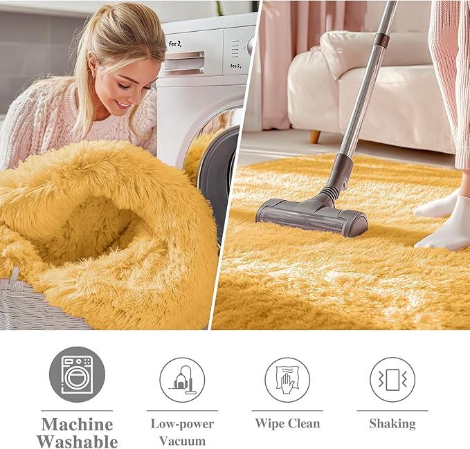 OLANLY Mustard Yellow Round Rugs for Bedroom - Machine Washable, 2 ft Circle Area Rugs for Living Room, Soft and Fluffy Shaggy Carpet for Teen Girl and Boys, Nursery Rooms, Dorms, Home Decor Aesthetic