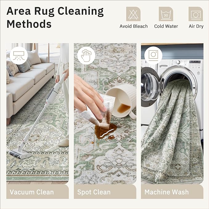 Soalmost 5x7 Area Rugs Green/Brown Low Pile Indoor Washable Trendy Faded Style Rugs for Bedroom Living Room Dining Room Foldable Non-Slip Thin Print Home Office Mat
