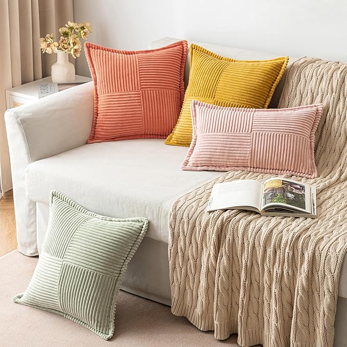 MIULEE Decorative Throw Pillow Covers for Couch Bed Livingroom 20x20 Inch Set of 2 Coral Red Boho Accent Throw Pllows Broadside Striped Patchwork Soft Corduroy Summer Pillowcases