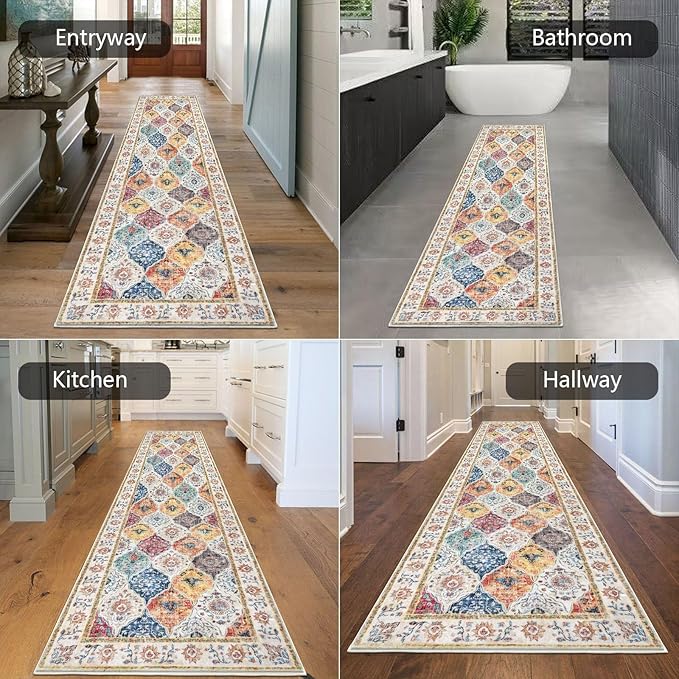 HEBE Hallway Runner Rug 2'8''x8' Washable Vintage Distressed Area Rugs Non Slip Laundry Rug Runner Boho Floor Carpet Runners for Hallways Entryway Laundry Room Kitchen Bathroom