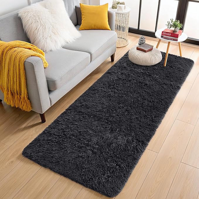 OLANLY 2x4 Machine Washable Runner Rugs for Hallway, Soft Fluffy Shaggy Bedside Rugs for Bedroom, Living Room, Indoor Floor Carpet for Kids Girls and Boys, Nursery Rooms, Home Decor Aesthetic, Black