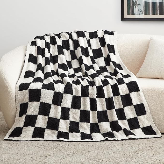 EXQ Home Checkered Throw Blanket, Knitted Blankets with Checkerboard Grid Pattern, Soft Cozy Fluffy Throw for Couch Bed Sofa, Warm Fuzzy Plaid Blanket for All Seasons,Black, 50"×60"