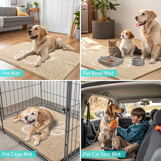 Smiry Dog Door Mat for Muddy Paws, Absorbent Dirt Trapper Non Slip Quick Dry Washable Chenille Mat for Mud Dogs, Entry Rug for Indoor and Outdoor (47x20 Inches, Beige and White)