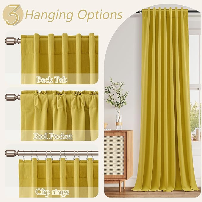Guken 100% Blackout Curtains 84 Inch Length 2 Panels Set for Living Room Bedroom Back Tab Thermal Insulated Black Out Linen Drapes Room Darkening Celery Yellow,52x84