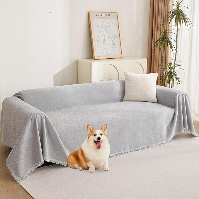 MYSKY HOME Couch Cover for Pets Light Grey Couch Covers for 2 Cushion Couch Sofa Simple Tassel Sofa Covers for Loveseat L Shaped Chenille Couch Cushion Covers for Dogs Kids Easy Install,91" X118"