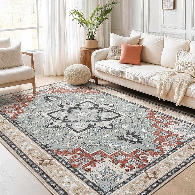 Lofus 6x9 Area Rugs for Living Room, Floral Washable Area Rug for Bedroom, Office, Dining Room, Non-Slip Vintage Boho Rug, Low-Pile Soft Carpet, Traditional Oriental Style, Beige Orange