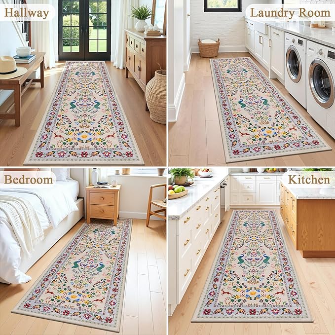 HEBE Washable Hallway Runner Rug 2'x 6' Non Slip Kitchen Rugs Runner,Low Pile Entryway Rug Laundry Room Mat Floral Carpet Runners for Hallways, Kitchen,Bathroom,Laundry,Bedside Rug