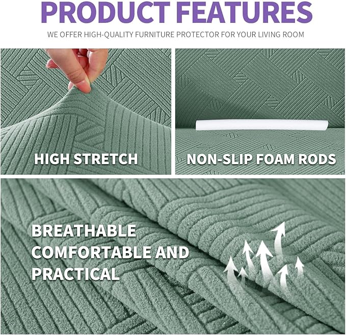 ZNSAYOTX Super Stretch Couch Cover (72"-92"), New Striped Sofa Covers Fitted Slipcovers with Elastic Bottom, Dog Cat Pets Proof Spandex Fabric Comfortable & Durable (Pea Green, Sofa)