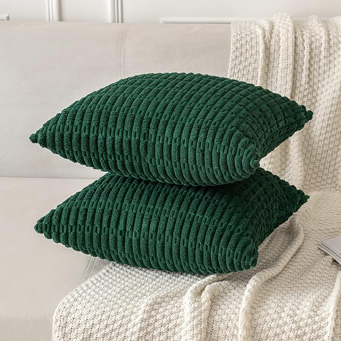 MIULEE Pack of 2 Dark Green Corduroy Decorative Euro Sham Pillow Covers 24x24 Inch Soft Boho Striped Throw Pillow Covers Modern Farmhouse Home Decor for Sofa Living Room Couch Bed