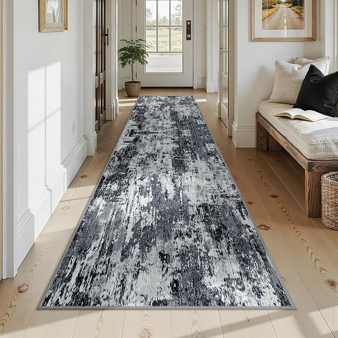 Washable Area Rugs 3x12 Non-Slip Modern Abstract Soft for Living Room Entryway Bedroom Nursery, Print Pattern, Black Navy Blue Gray
