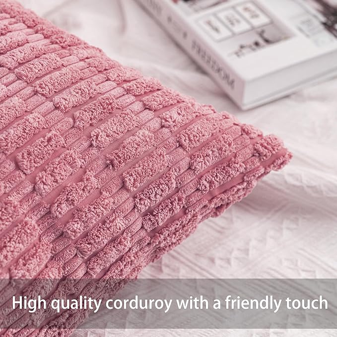 Pack of 2 Corduroy Decorative Throw Pillow Covers 12x20 Inch Soft Striped Pillow Covers Modern Farmhouse Home Decor for Sofa Living Room Couch Bed（Pink）
