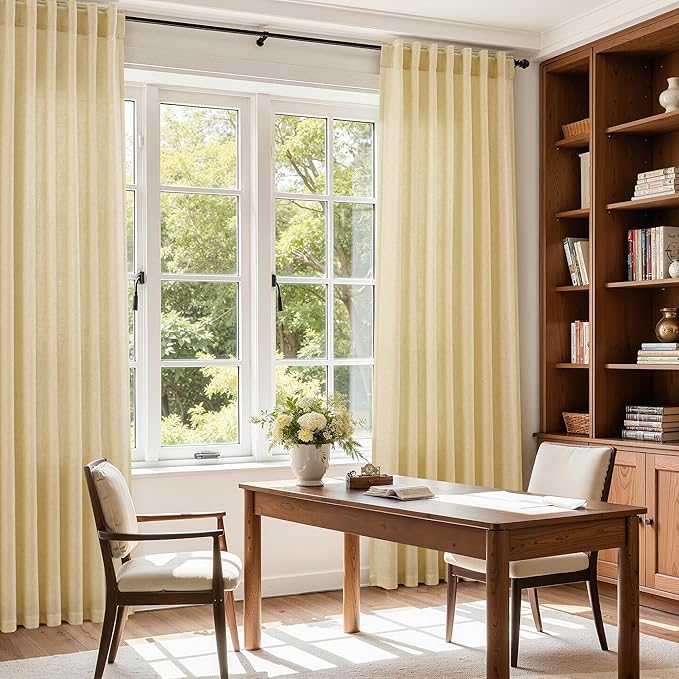 Nanspring Cream Yellow Linen Curtains 90 Inches Long for Living Room Light Filtering Modern Farmhouse Sheer Curtains Back Tab and Rod Pocket Curtain for Bedroom Office 52x90, 2 Panels