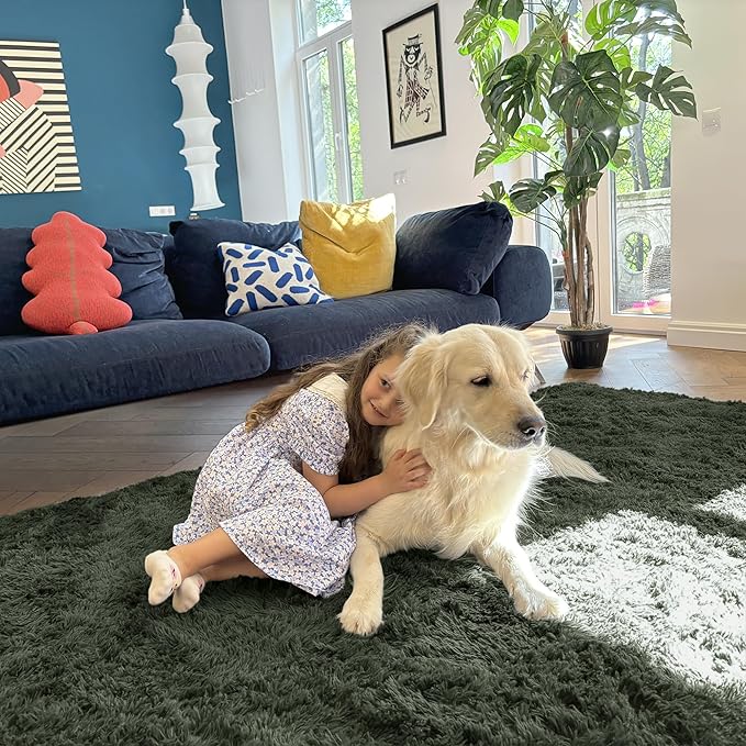 OLANLY Area Rugs for Living Room Bedroom, Machine Washable 4x5.9 ft Soft Fluffy Shaggy Bedside Rug, Indoor Floor Carpet for Kids Girls and Boys, Dorms, Nursery Rooms, Home Decor Aesthetic, Olive Green