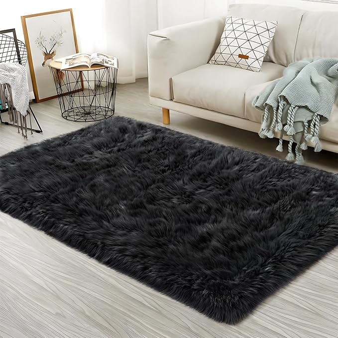 Ciicool Faux Fur Rug Black Fluffy Area Rugs for Bedroom, Thick Fuzzy Shag Rug Furry Bedside Nursery Rug for Living Room Plush Indoor Floor Carpet for Kids Room Teen Dorm, 3x5 ft