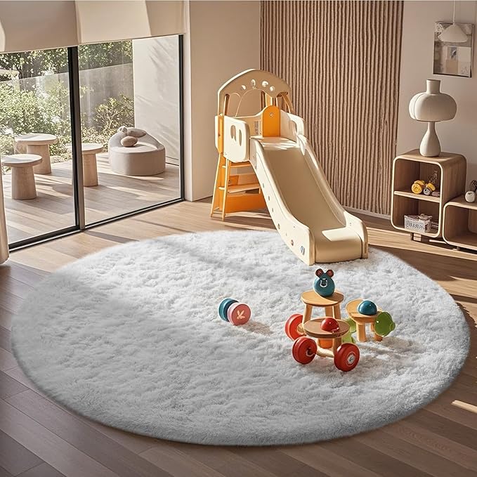 Ophanie White Round Rug 6Ft Circle Area Rug, Aesthetic Room Decor, Fluffy Fuzzy Bedroom Carpet, Plush Soft Shaggy Living Room Rugs for Kids Home Decor, Nursery