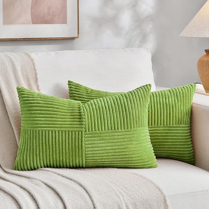Fancy Homi Set of 2 Lime Green Lumbar Decorative Throw Pillow Covers 14x22 Inch for Living Room Bedroom Couch Bed Sofa, Soft Striped Corduroy Modern Rectangle Accent Cushion Case 35x55 cm
