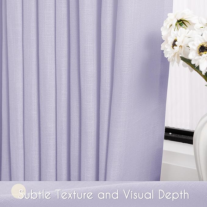 Lavender Purple Linen Curtain 90 Inch Long 2 Panels for Living Room Semi Sheer Privacy Grils Bedroom Window Curtains Rod Pocket Luxury Modern Farmhouse Decor Light Violet 52ﾗ90