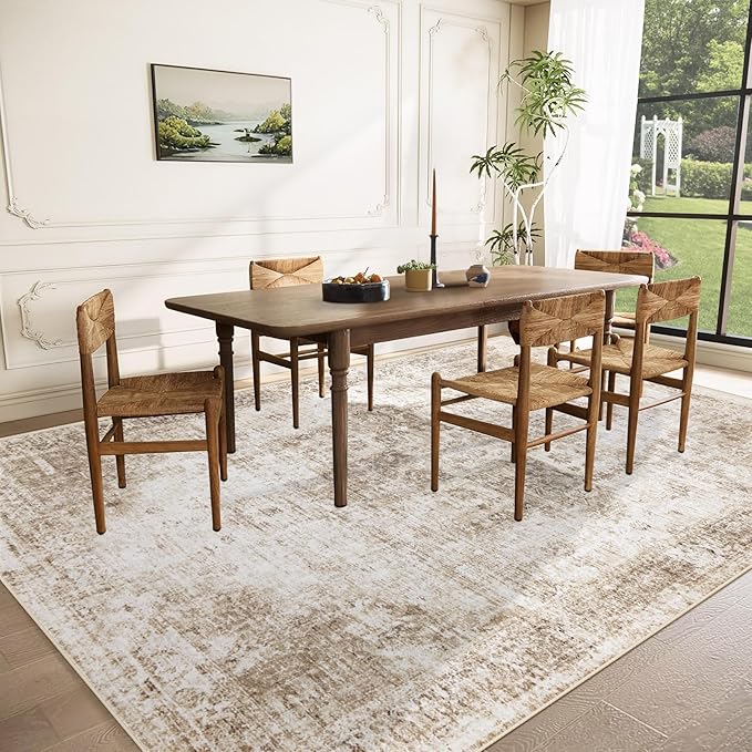 Area Rug 10x12 Washable Rug, Vintage Boho Medallion Rugs Non-Slip Soft Low Pile Large Distressed Rug Indoor Retro Carpet for Living Room Bedroom Dining Room Home Office (Brown, 10'x12')