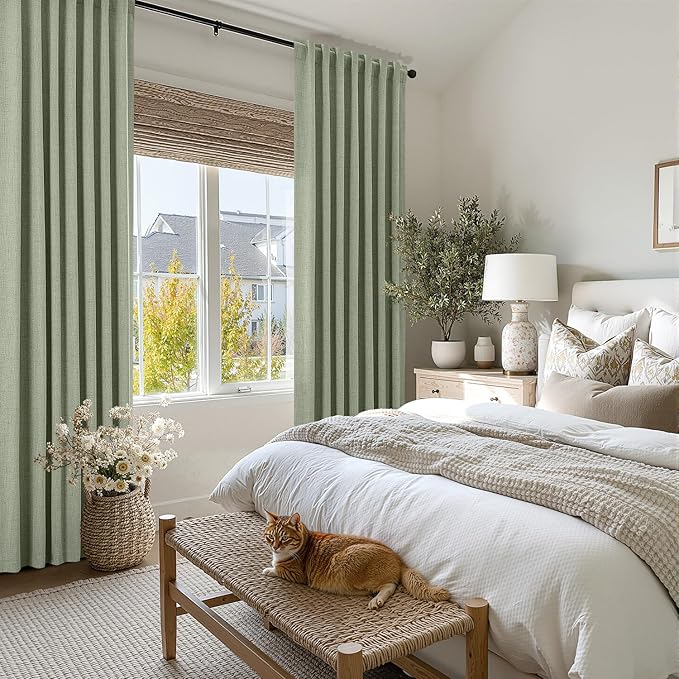 MIULEE 100% Blackout Linen Curtains for Bedroom, Sage Green Solid Luxury Decor Thermal Insulation Room Darkening Drapes for Living Room Nursery Back Tab Rod Pocket 42 x 72 Inches, 2 Panels