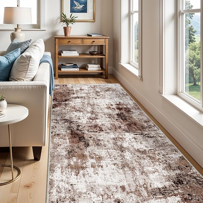 4x8 Wide Washable Runner Rug: Easy-to-Clean Runners for Hallway Entryway Kitchen Bedroom Living Room - Stain and Water Resistant Rugs with Non-Slip Backing - Soft Low-Pile Carpet Brown Khaki White